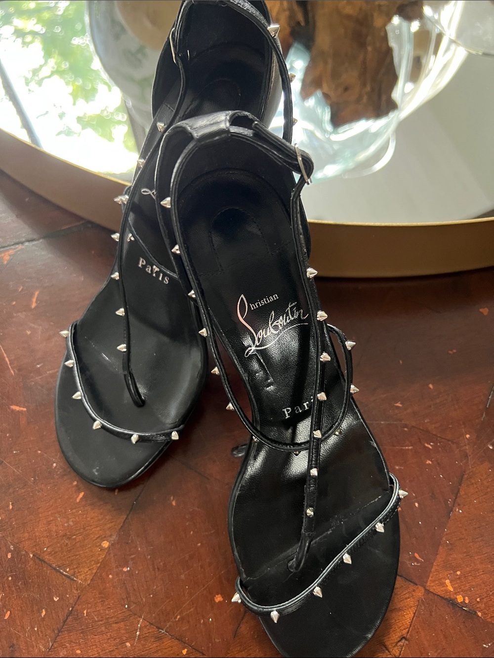Christian Louboutin Black Leather Studded Thong Heels